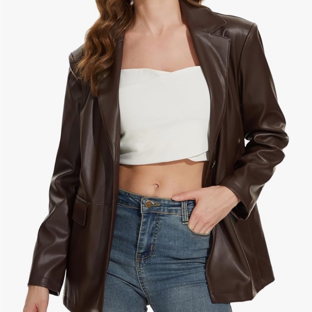 Women's Brown Faux Leather Blazer Jacket